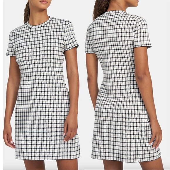 NWOT Theory Fit and Flare Skirt Mini Dress Pullover Checked Stretch Knit Small - Picture 1 of 7